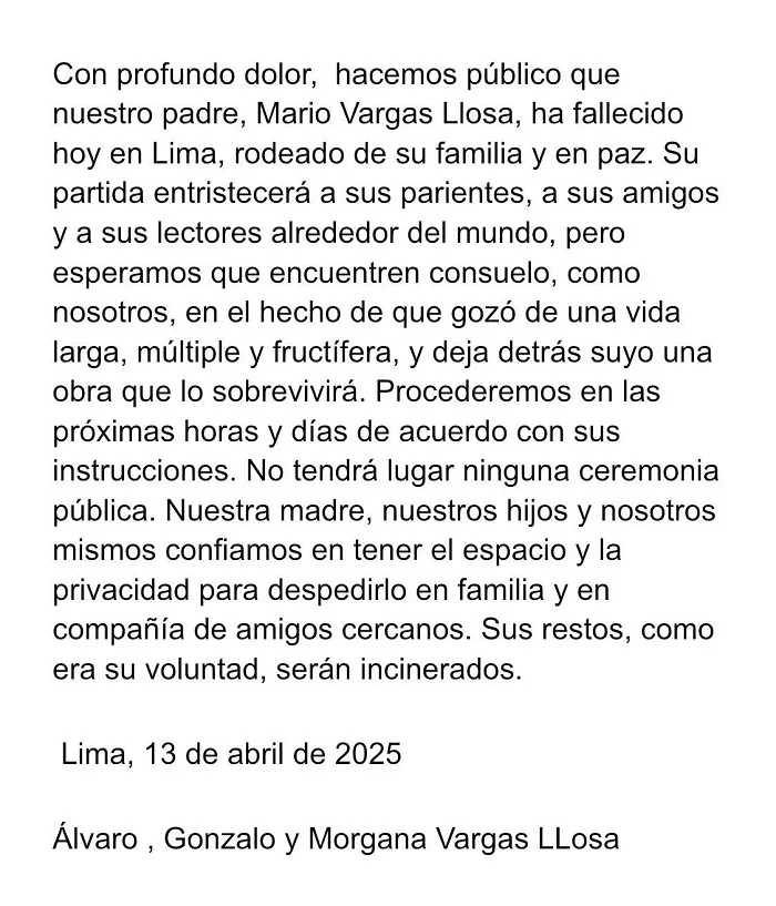 FALLECE MARIO VARGAS LLOSA, PREMIO NOBEL DE LITERATURA